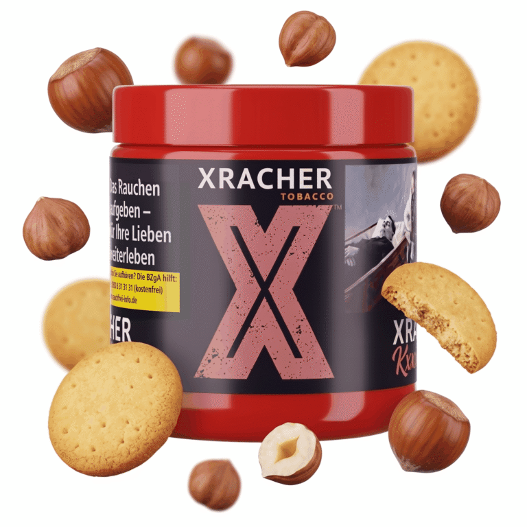 Xracher KXXX 200g Shisha Tabak mit Haselnuss, Keks-Geschmack – Dose mit schwebenden Haselnüssen und Keksen